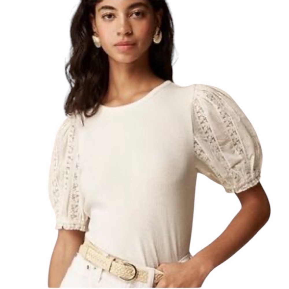 J.Crew Vintage rib top with lace puff sleeves XXS